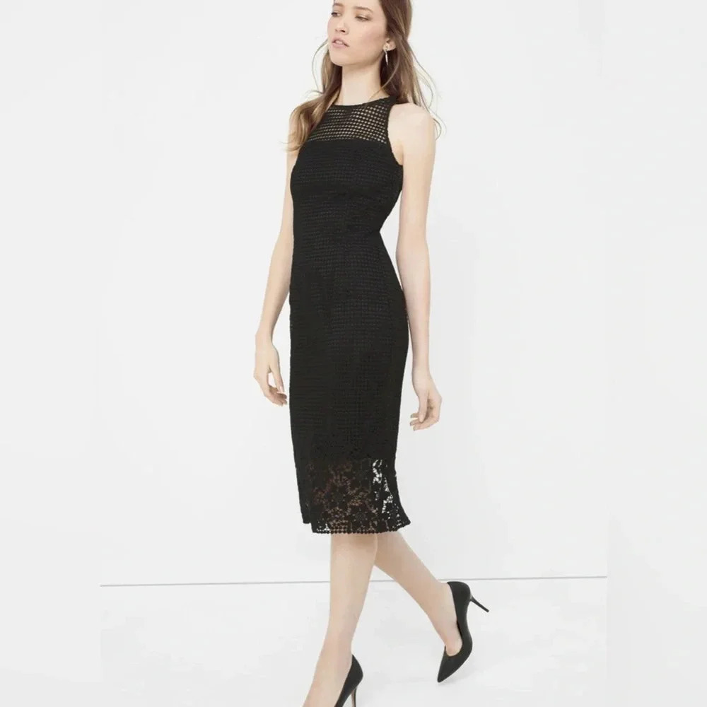 White House Black Market Black Chic Crochet Lace Whimsigoth Midi Dress Size 2 - Picture 2 of 11